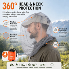 4 Pack Mosquito Head Net Bug Mesh Face Protector for Camping Hiking Fishing Hat