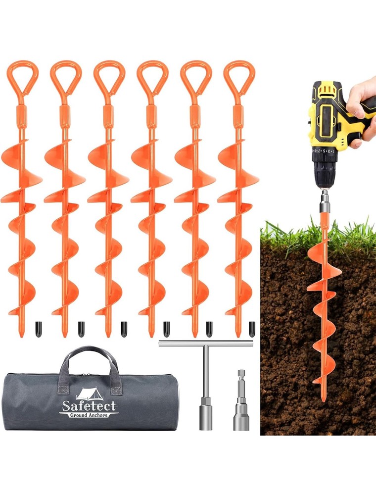 Safetect Ground Anchors Screw in 15 Inch, 6 Pack Spiral Trampoline orange