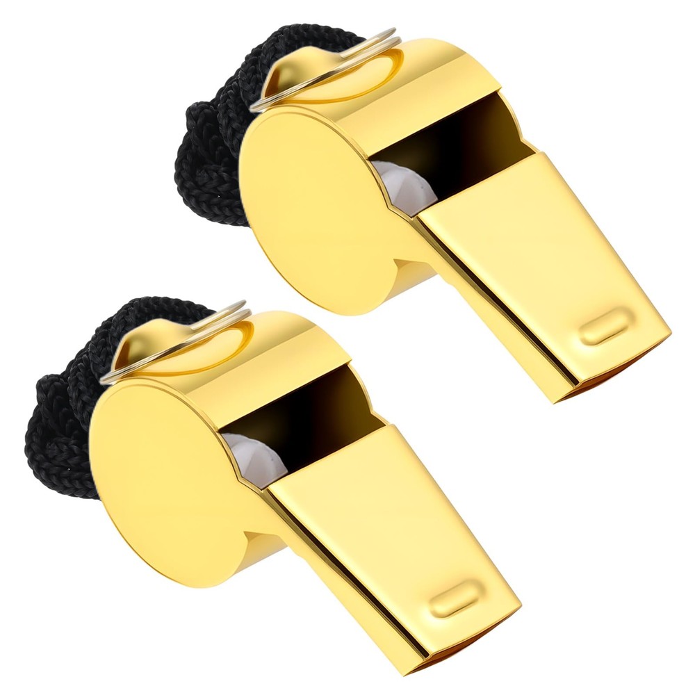 Qulkws 2 Pack Gold Whistle Stainless Steel with Lanyard Loud Crisp Sound gold