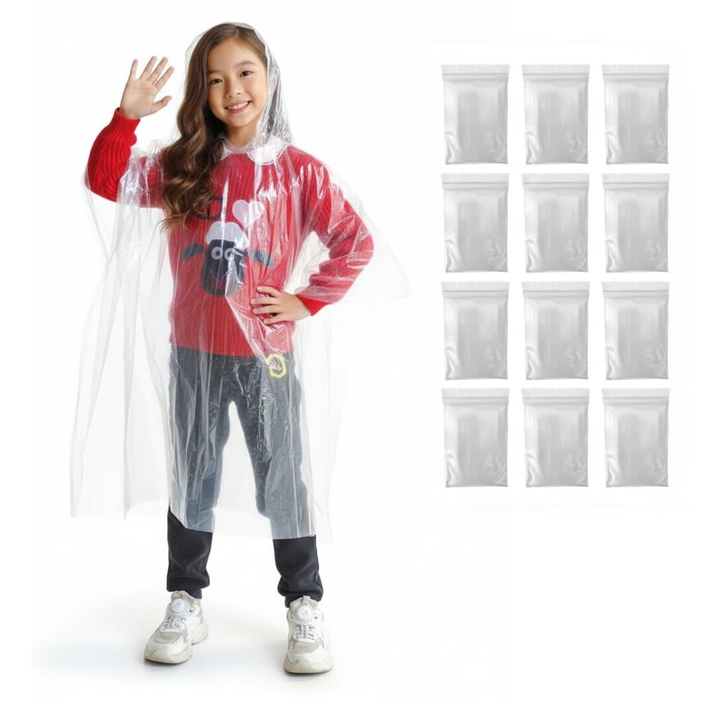 12-Pack Kids Clear Rain Ponchos with Hood, Breathable Cape-Style Disposable E…