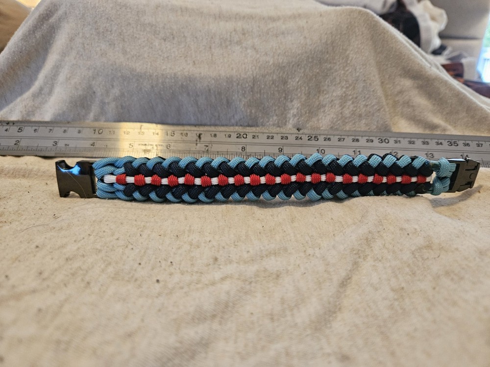 Sanctified Covenant Knot 550 Paracord Bracelt, Red, White, Navy, Lt Blue.