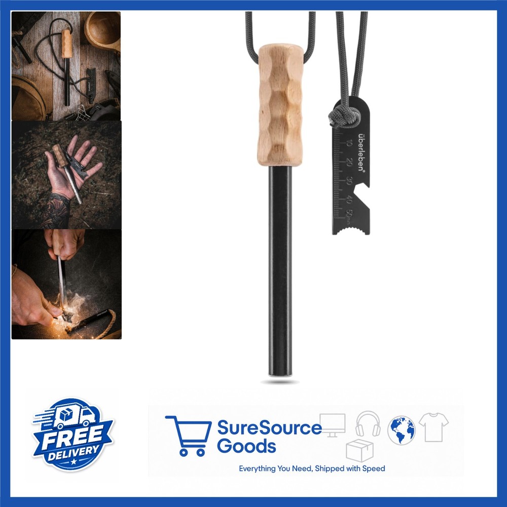 Ferro Rod Fire Starter Tool with Hardwood Handle & Multi-Tool Striker Black