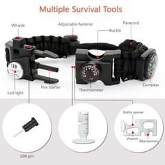 20 in 1 Survival Paracord Bracelet Adjustable Gear Kit with SOS LED Black 1PC