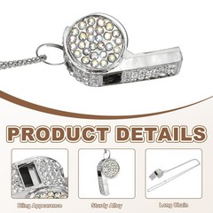 2Pcs Bling Crystal Rhinestone Metal Whistle with Chain Loud Sound, Black/Silver