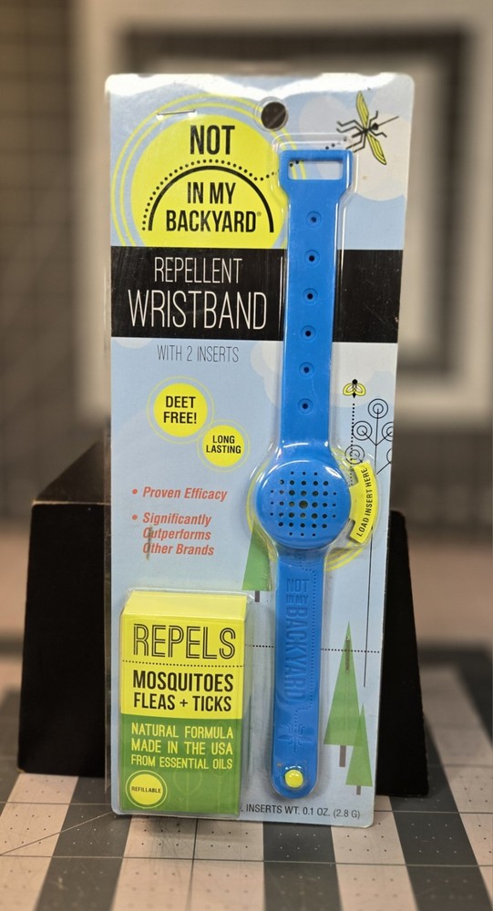 «Not in my Backyard» Green Repellent Blue Wristband w/2 Inserts NEW Repels Ticks