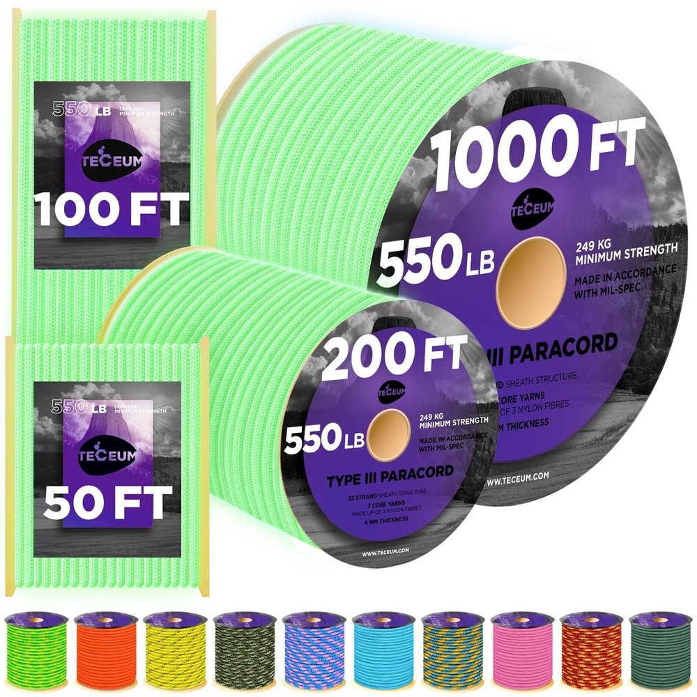TECEUM Paracord Type III 550 Green – Glow in 100 Ft, – the Dark