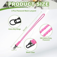 Paracord Lanyard, 550 Heavy Duty Keychain Necklace Lanyard (2 Pack, Pink)