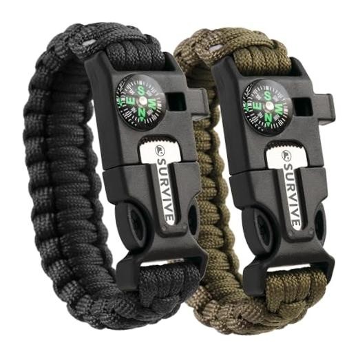 Paracord Bracelet, Pack of 2, Emergency Hiking Small Black & Army Green