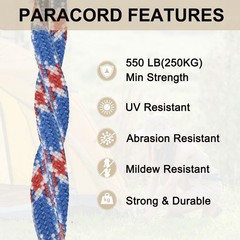 550 Paracord Rope 10ft, 4mm Thin Paracord Nylon Survival Cord Red Blue