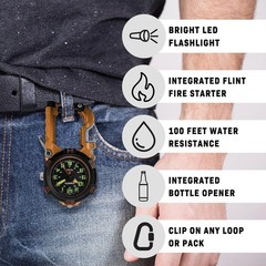 Flint Clip-On Survival Watch – Outdoor Tool W/ Flint Fire Starter LED Flashlight
