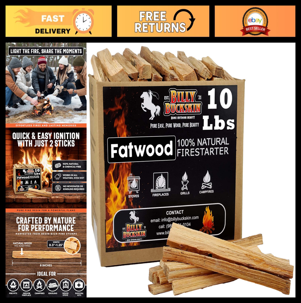 10lb Natural Fatwood Fire Starter Sticks | Easy Ignition for Campfires, BBQ, Fir