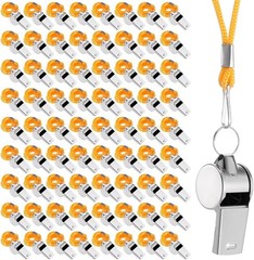 100 Pcs Stainless Steel Whistle W/ Lanyard Whistles Bulk Metal Referee Whistles
