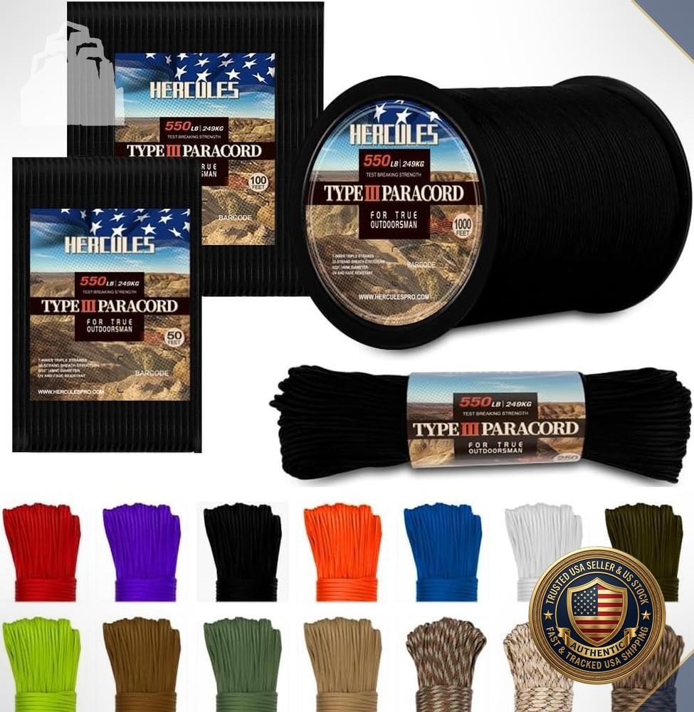 Type III Paracord 550 Rope 100 Feet Black Parachute Cord Survival