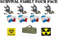 Family Survival 4 Pack – Israeli 40mm Gas Masks Hi-Risk Disease Kits and Bag NEW