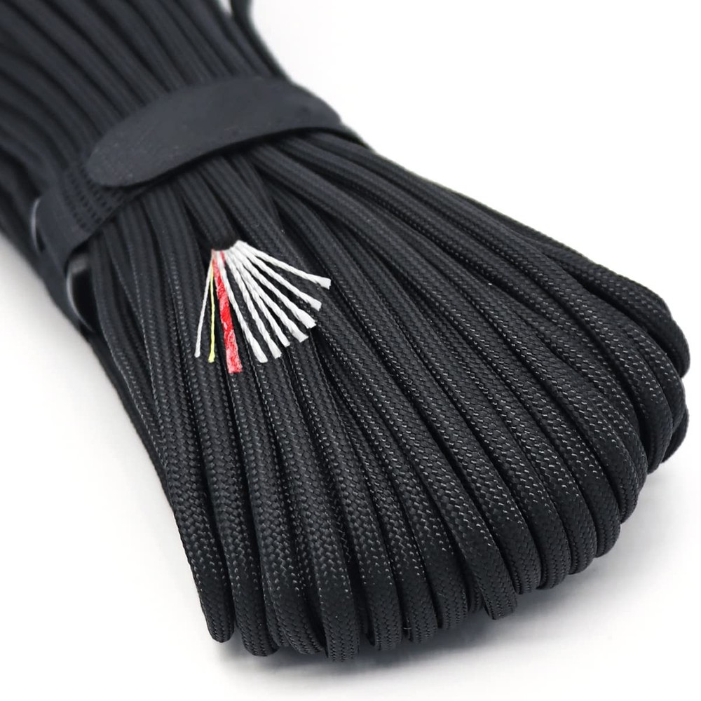 Survival Paracord Rope PSKOOK 100 Feet Fire Starter 100 Feet, Black-100ft