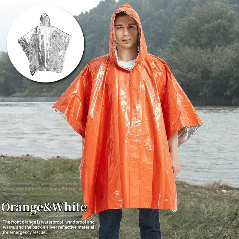 Orange Emergency Rain Poncho Lightweight Waterproof Reflective Camping Hiking