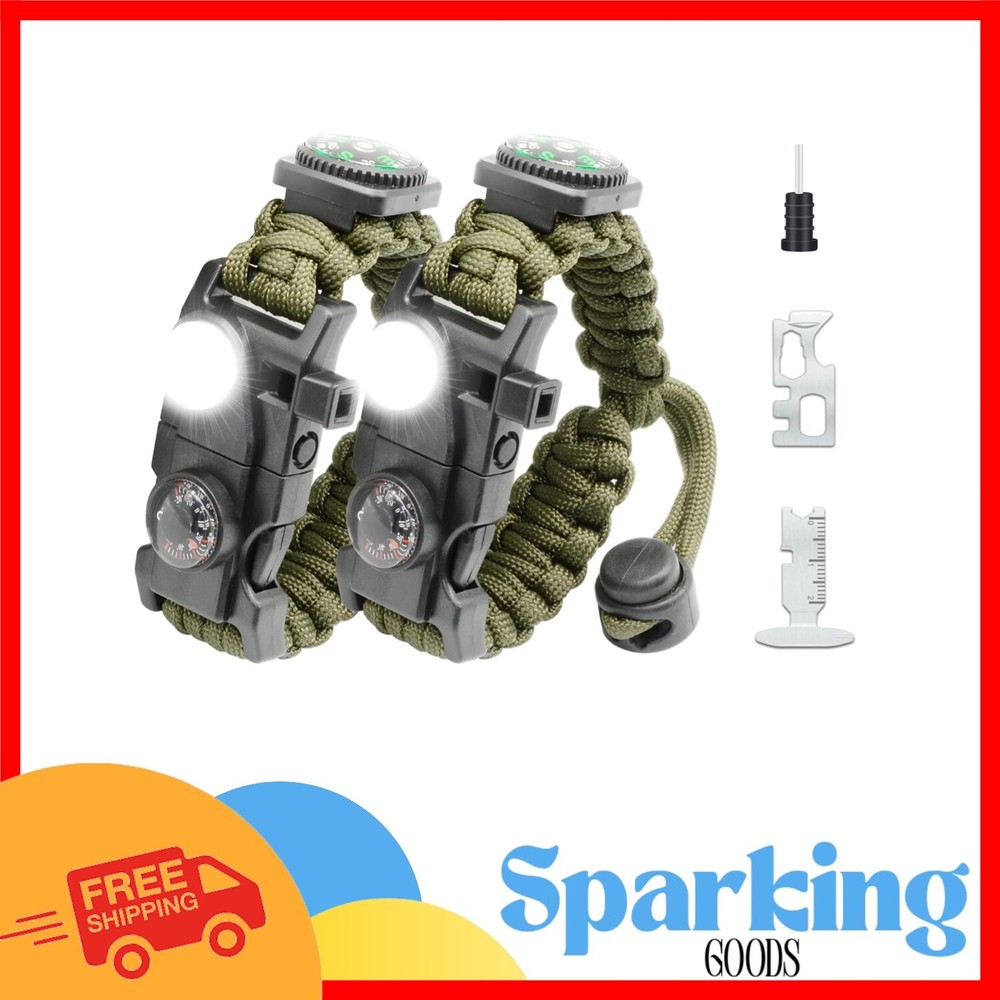 Durable Paracord Survival Bracelet with Whistle, Compass & LED Light – Green