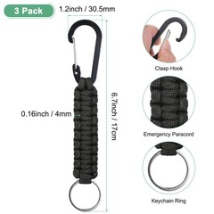 3-Pack Braided Paracord with Clips, 6.7 Inch Paracord Lanyard[Black]
