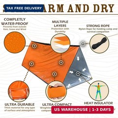 Emergency 2-Person Orange & Gray Survival Tent with Whistle & Paracord, Storm &