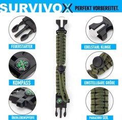 SURVIVOX Survival Bracelet Compass Whistle Fire Starter Outdoor Paracord 5in1