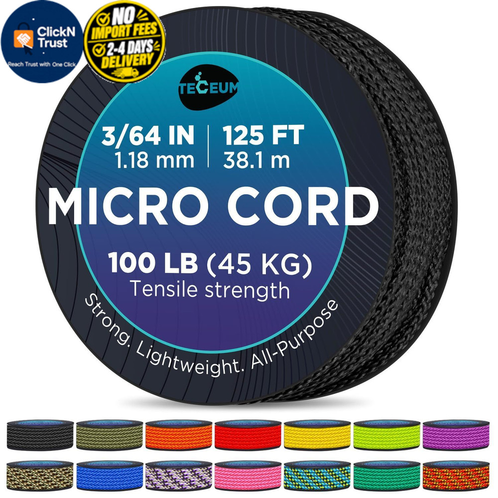 TECEUM Micro Paracord Rope – Thin Braided Cord for Crafting, 125 ft, Black