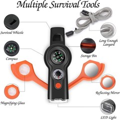 7-in-1 Emergency Survival Function Whistle, Outdoor Handheld, Black+Orange