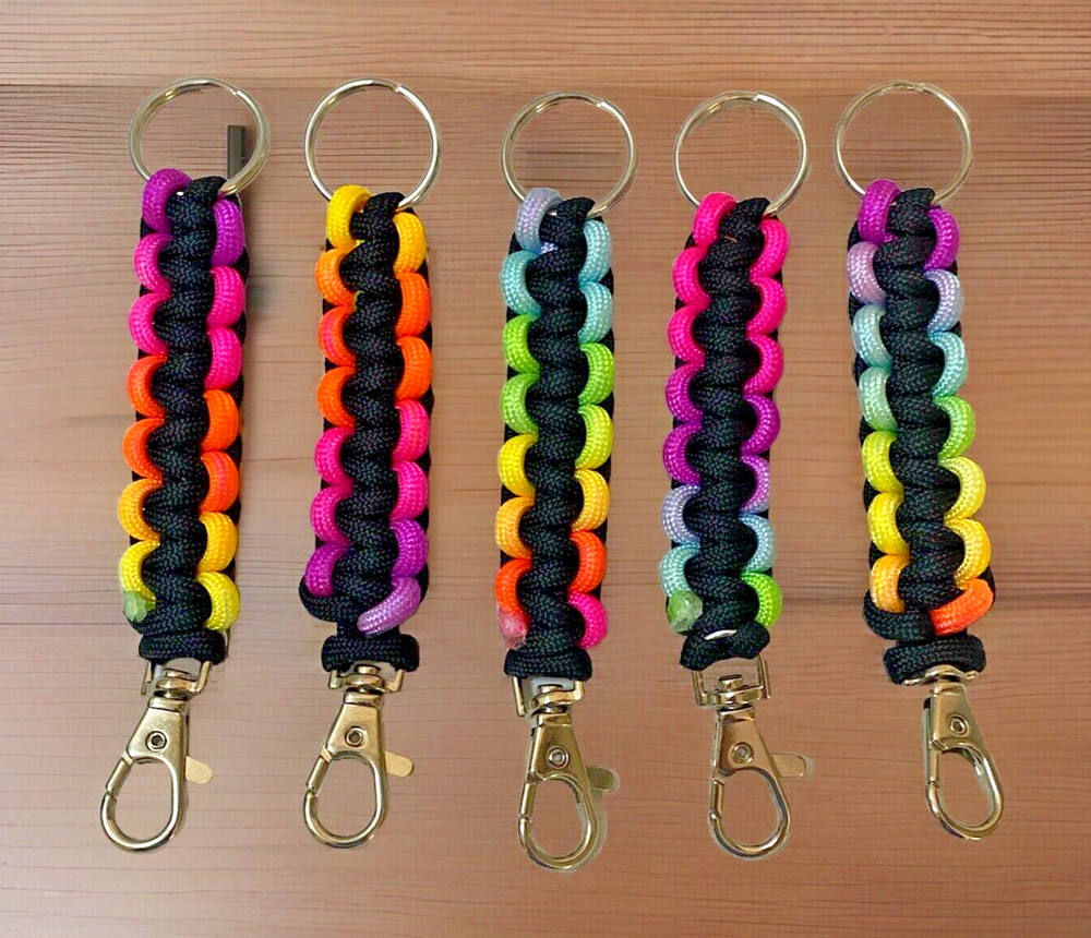 Paracord Keychain 550 Neon Rainbow PRIDE Metal Clip & Ring Handmade USA LOT OF 5