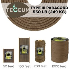 Teceum Paracord Type Iii 550 Copper Brown 50 Ft 4Mm Tactical Rope Mil-Spec