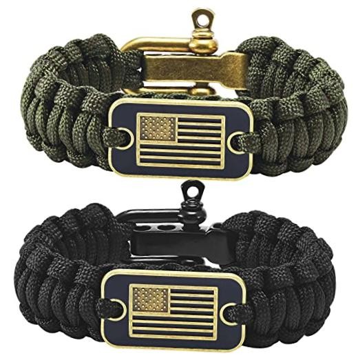 Paracord Bracelet for Men with Bronze USA Flag – M(8.2-9.2in) Black+Green