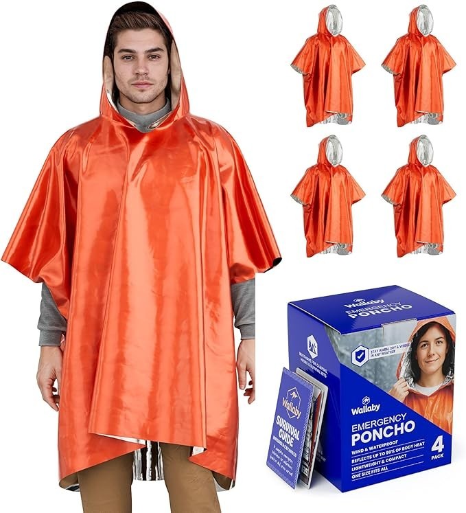 4-Pack Emergency Mylar Ponchos Universal Fit Thermal Blanket 90% Heat Retention