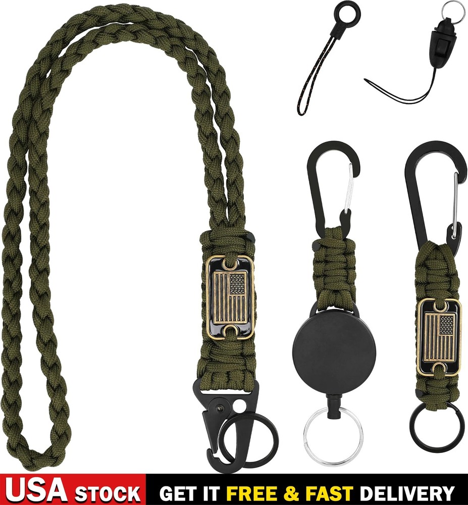 3PCS Paracord Lanyard Set with Retractable Keychain Badge Reel Heavy Duty EDC ID
