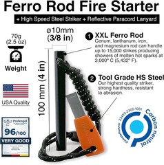 Ferro Rod Fire Starter Survival Kit Flint & Steel Striker 4 x 3/8 in 15,000
