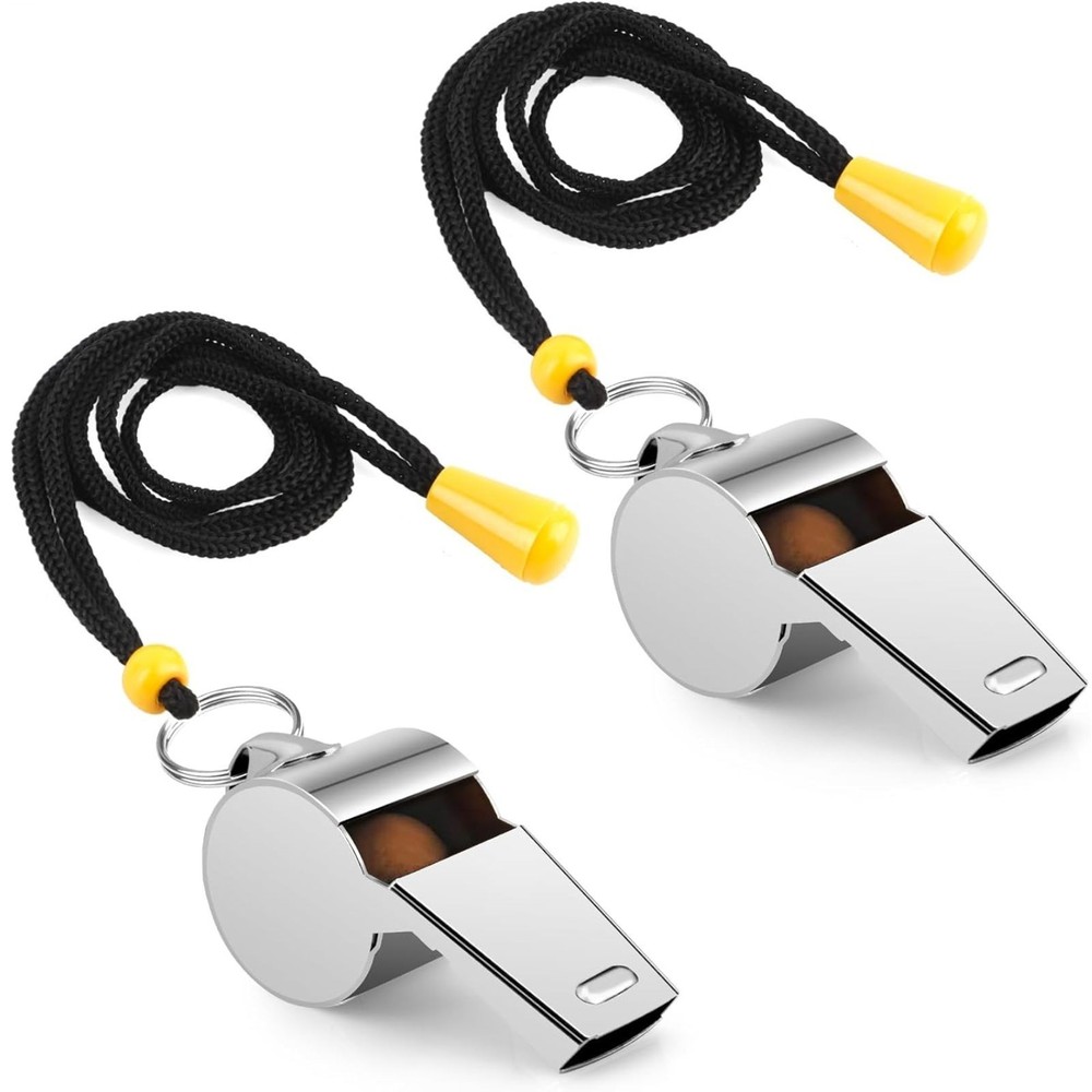 2 Pc Whistle For Coaches with Lanyard Stainless Steel Loud Crisp Sport Whistles