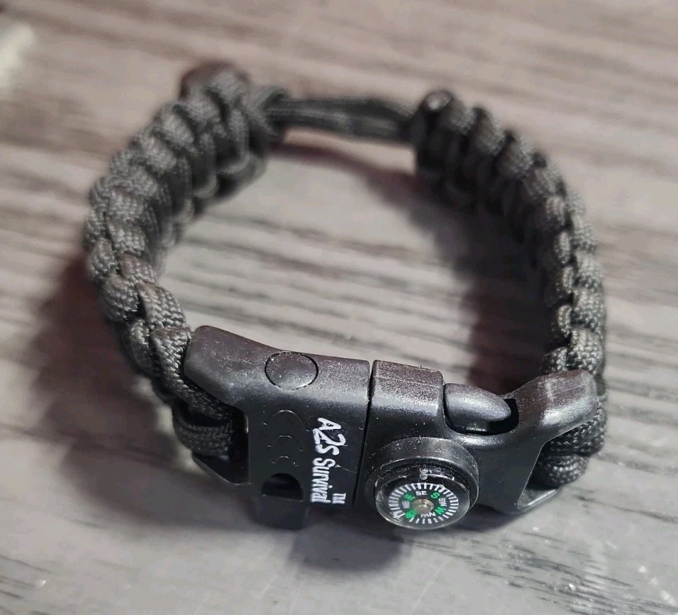 A2S Black Survival Bracelet Outdoor Paracord Compass Scraper Whistle FireStarter