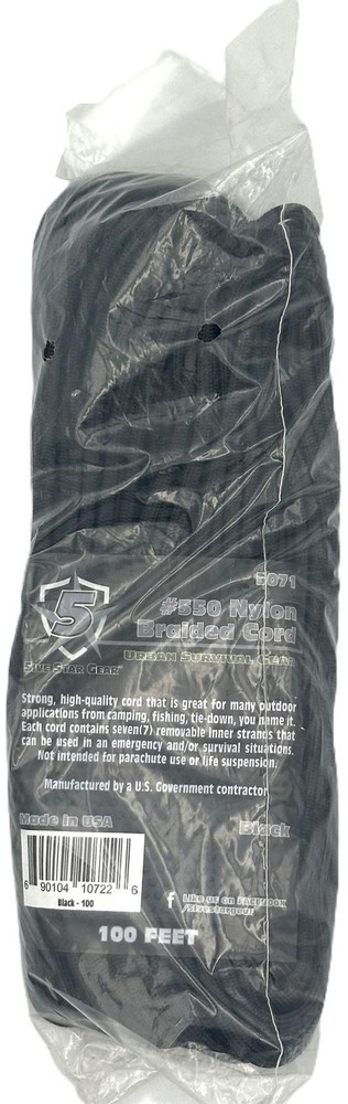 5ive Star Gear 550lb Nylon Braided Black Cord 7 Strand Spec Made In USA 5071