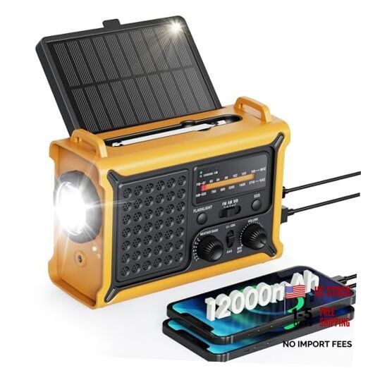 Emergency Weather Radio with Large Solar Panel, Efficient Hand Crank & Yellow