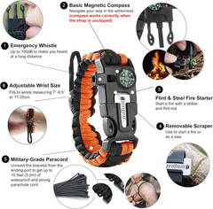 Paracord Survival Bracelet (2 Pack) | Flint Steel Fire Starter, Whistle, Compass