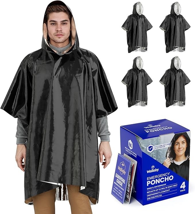 4-Pack Emergency Mylar Ponchos Universal Fit Thermal 90% Heat Retention