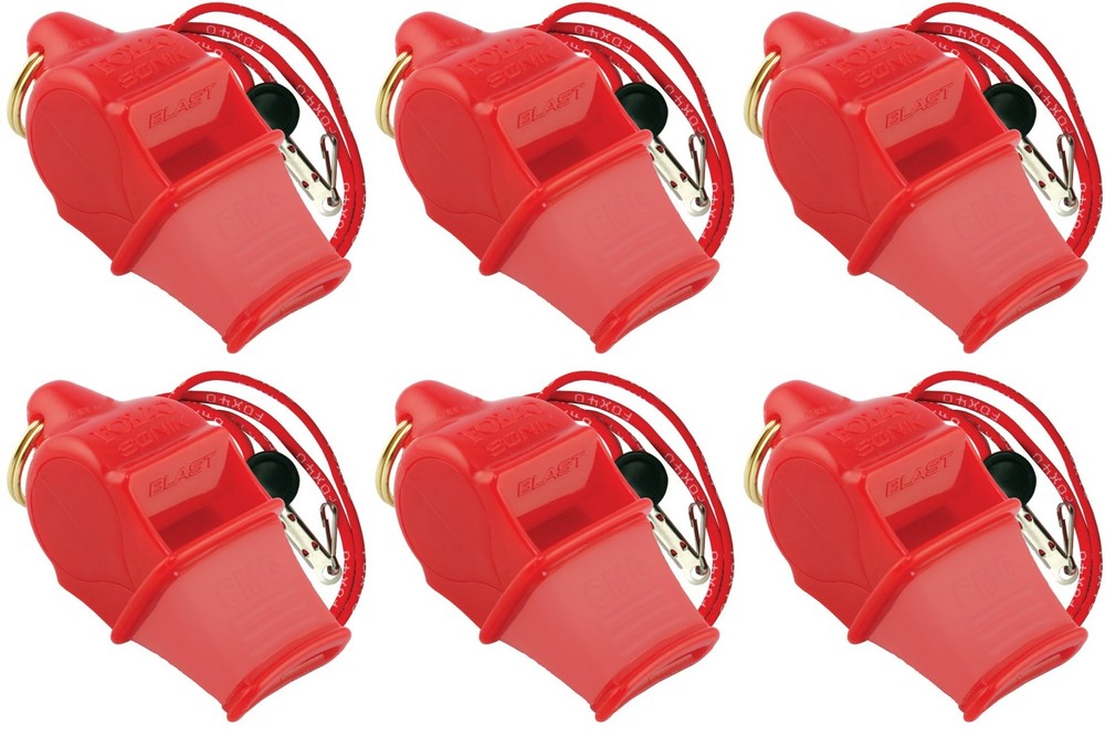 Fox 40 Sonik Blast CMG 3-Chamber Pealess Whistle + Lanyard, Red (6-Pack)