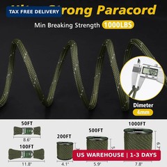 Reflective Paracord 1000lb 13 Strand 4mm Parachute Rope Spool Heavy Duty Black