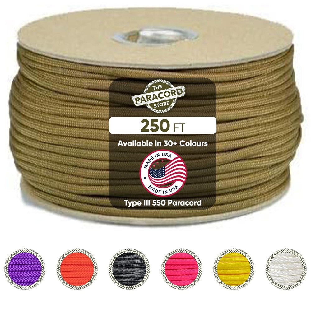 | Type III 550 Paracord – 250 FT Spool, Coyote Brown | Heavy Duty 7 Strand Ta…