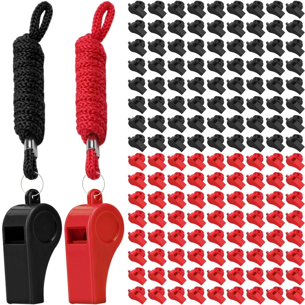 144PCS Plastic Whistle for Coach with Lanyard Loud Crisp Sound Red Black Spor…