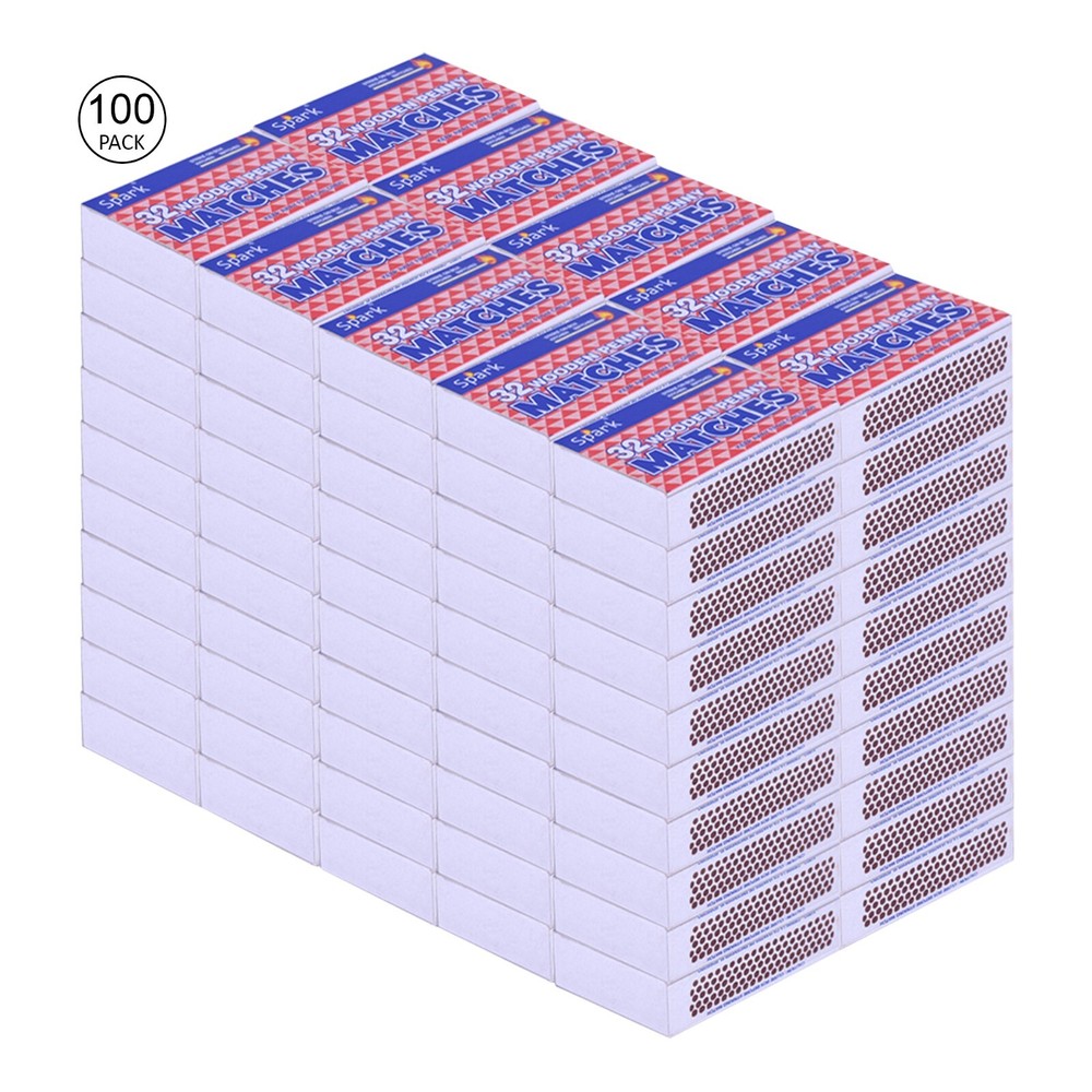 100 PACK Wooden Penny Matches 32 Count Strike On Box Kitchen/Camping/Fire/Candle