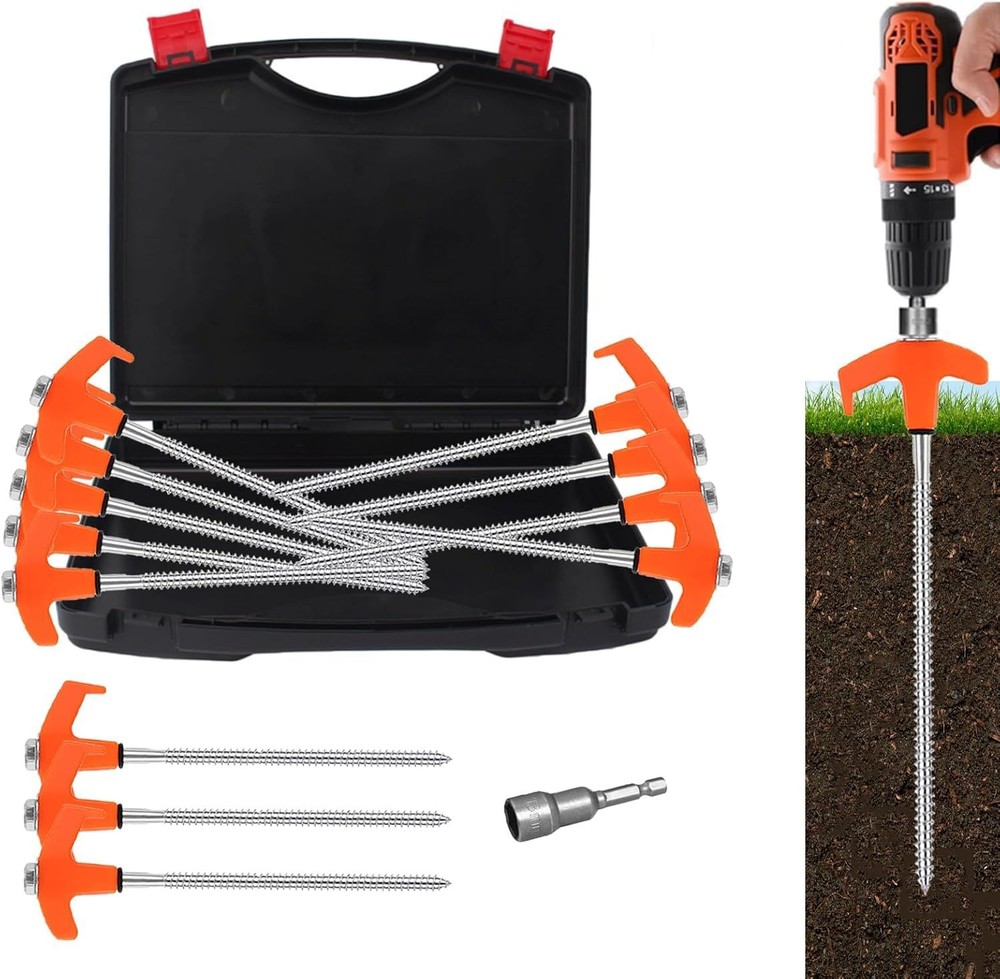 12 Pack 8 Inch Heavy Duty Screw In Tent Stakes Metal Ground Pegs Orange