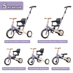 newyoo Toddler Tricycle with Push Handle – 5 in 1 Kids Bike – Purple
