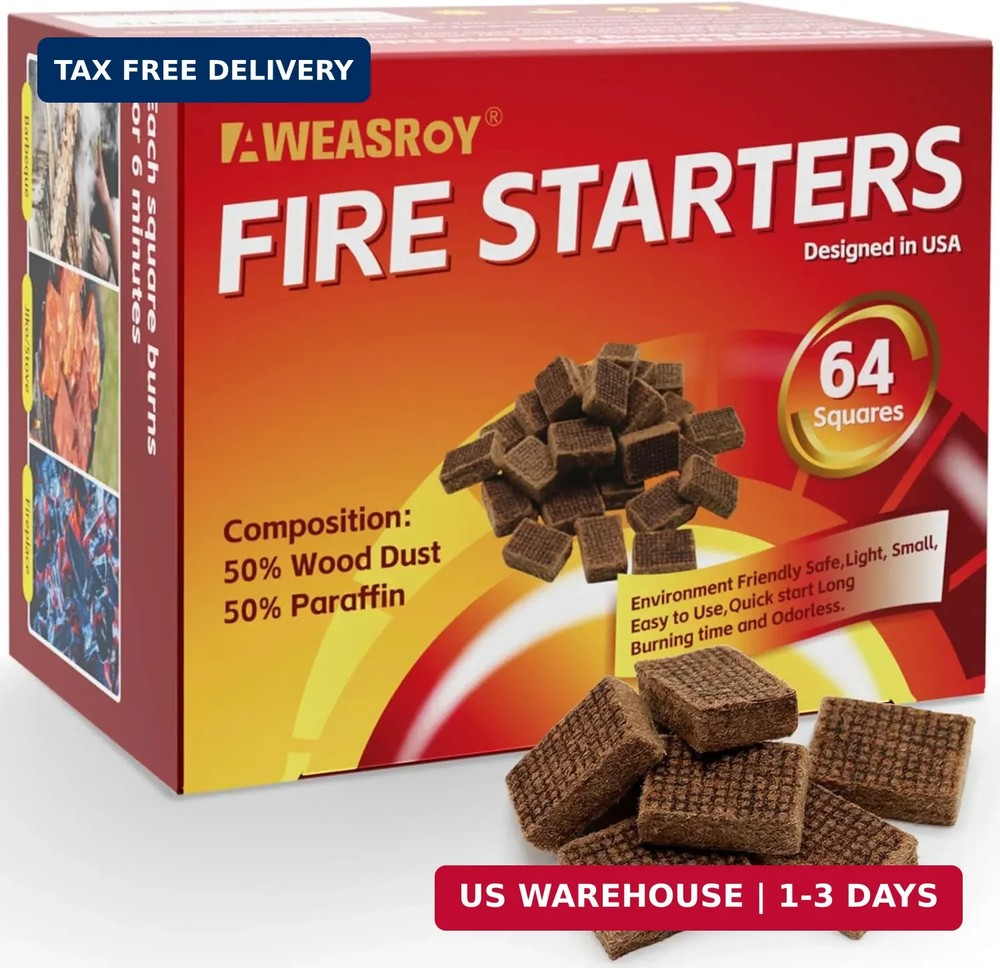 Fire Starter Squares 64 – Fire Starters for Fireplace,Chimney,BBQ Grill,Camping