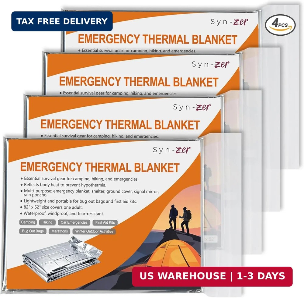 4 Pack Thermal Mylar Emergency Blankets 82×52 Camping Hiking First Aid Car Gear