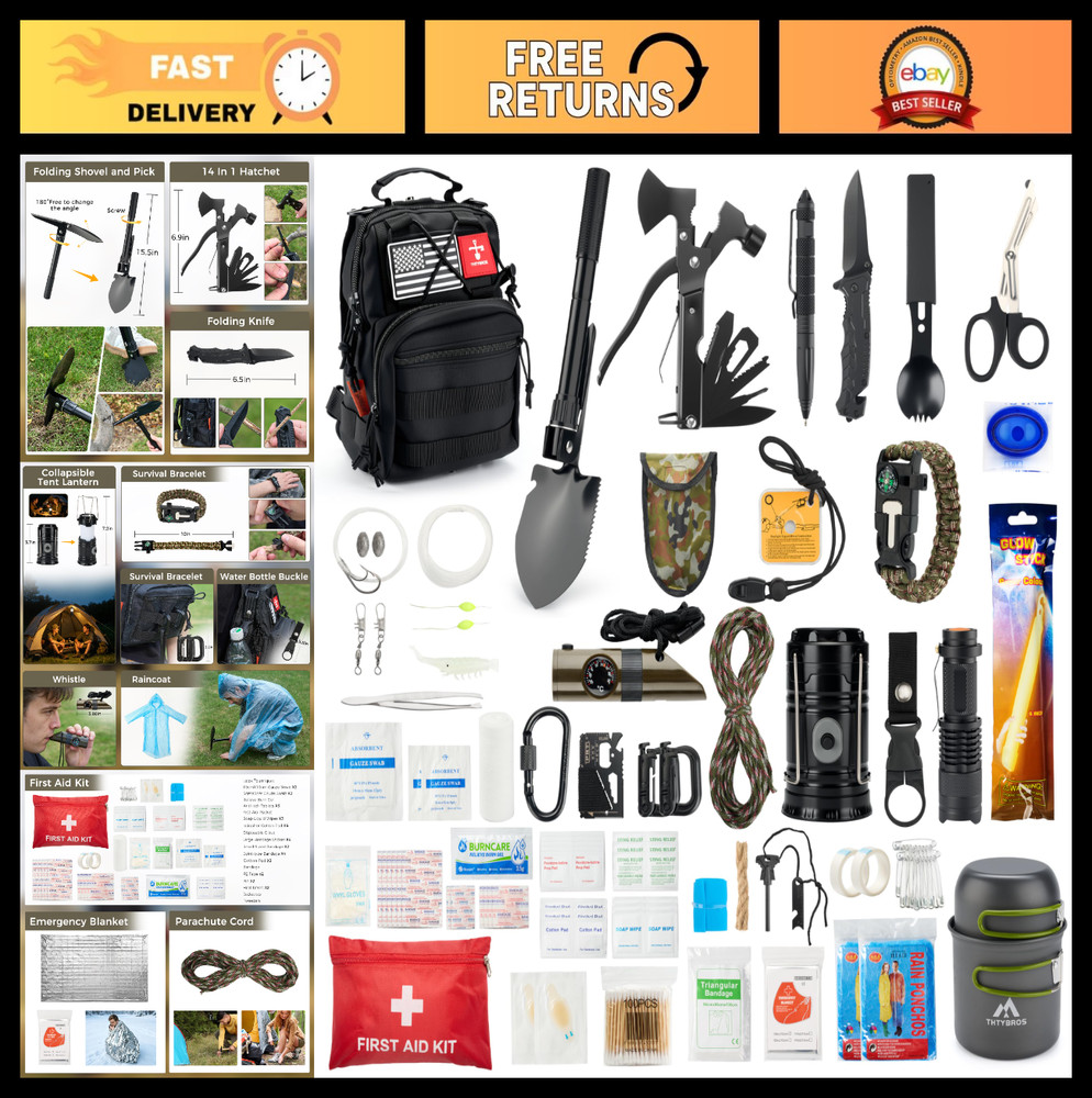 Emergency Survival Kit 246Pcs Gear, First Aid, Tactical Bag, Camping Axe, Bug Ou