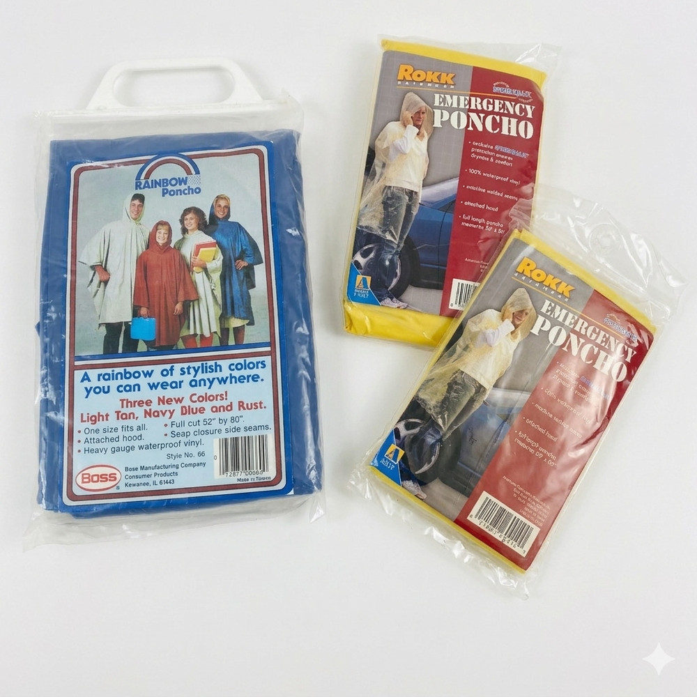 Poncho Rain Yellow Emergency Vinyl Blue Heavy Vinyl Attached Hood 1 Size 3 Lot