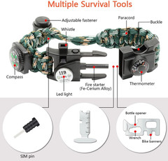 20 in 1 Survival Paracord Bracelet Adjustable Gear Kit with SOS LED Light, Fire